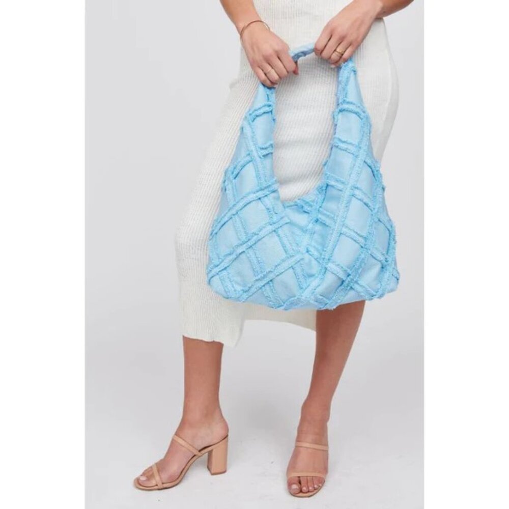 Urban Expressions Barbuda Cotton Fringe Hobo Handbag- Baby/Sky Blue - Picture 3 of 10